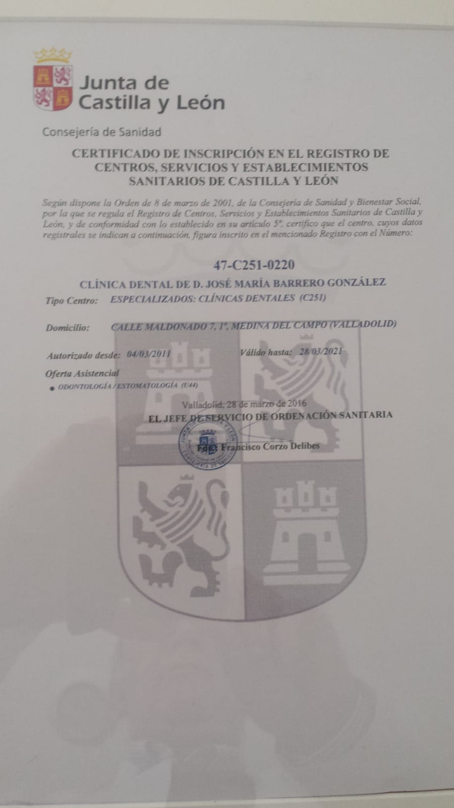 Certificado Sanitario Dental Barrero